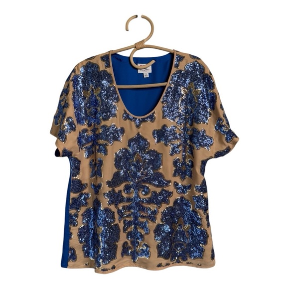 Tracy Reese Mixed Media Cap Sleeve Sequin Sheer Overlay Blue Tan Size M Neiman - Picture 14 of 14